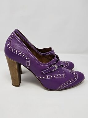 Purple Leather Chunky-Heel Women's Pumps